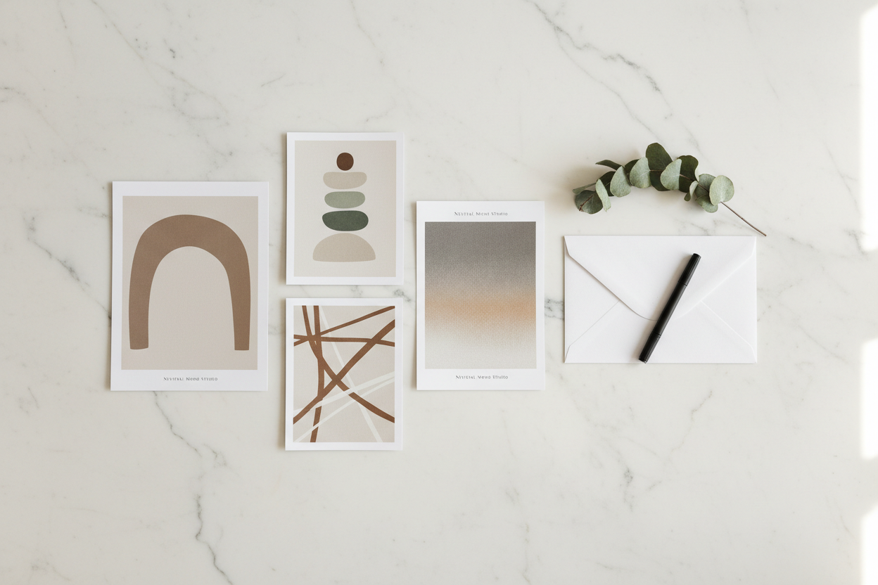 Neutral wall art prints flat lay on marble surface with eucalyptus and envelope