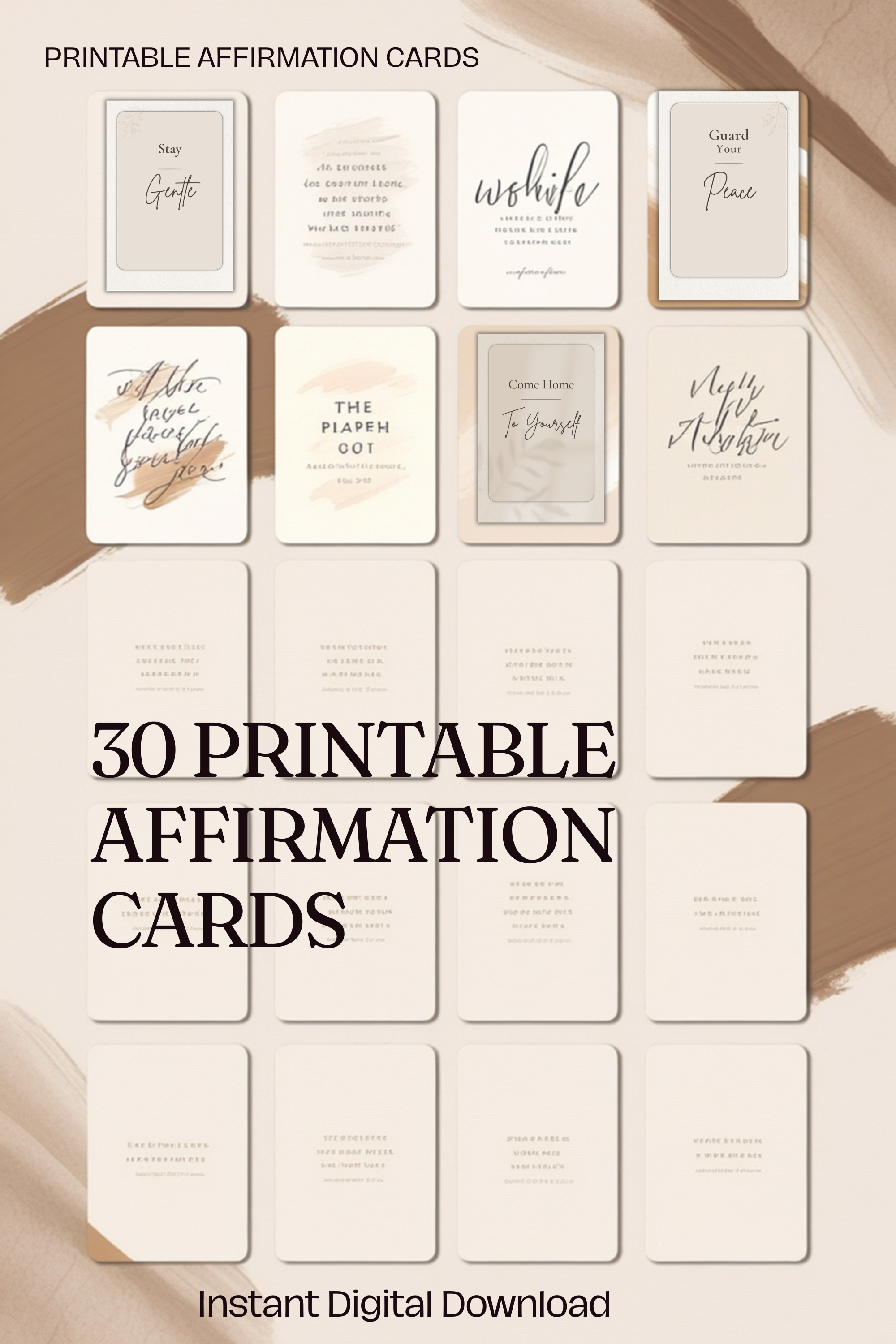 Grid layout showing 30 printable affirmation cards featuring warm neutral self care designs