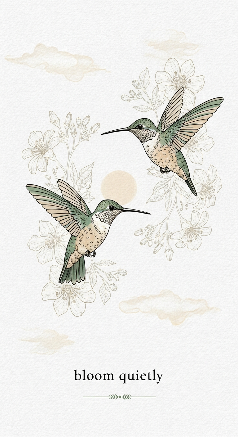 Blush hummingbirds minimal bird illustration in soft neutral tones — printable wall art instant download