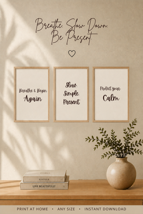 Set of 3 neutral minimalist wall art prints styled in a calm bedroom — instant download printable décor