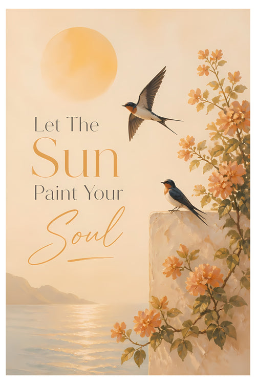 Warm neutral bird typography wall art featuring swallows, soft florals, golden sunlight tones, and inspirational text in a Scandinavian inspired style