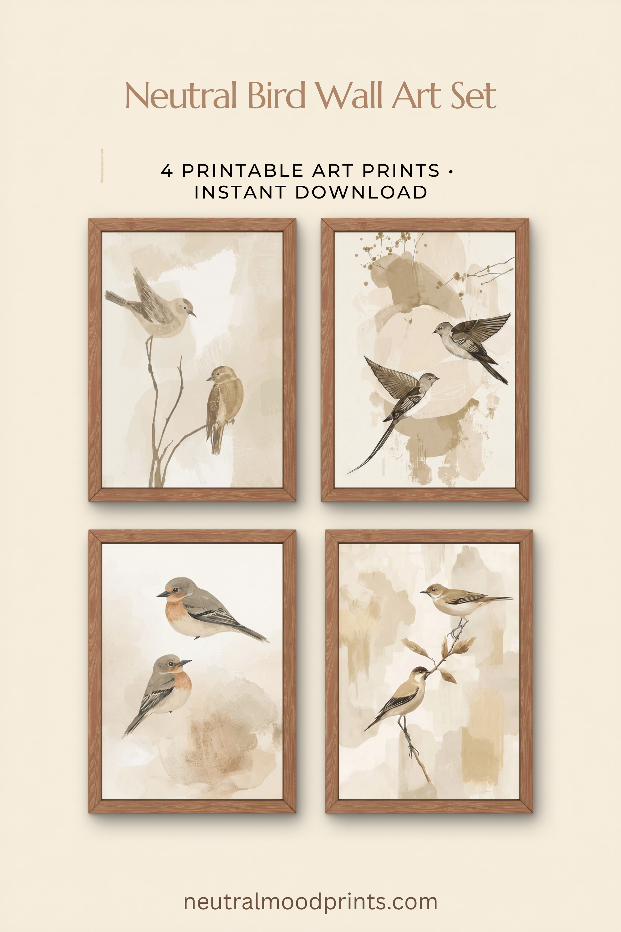 Neutral bird wall art set with 4 printable art prints displayed in wooden frames for minimalist home decor