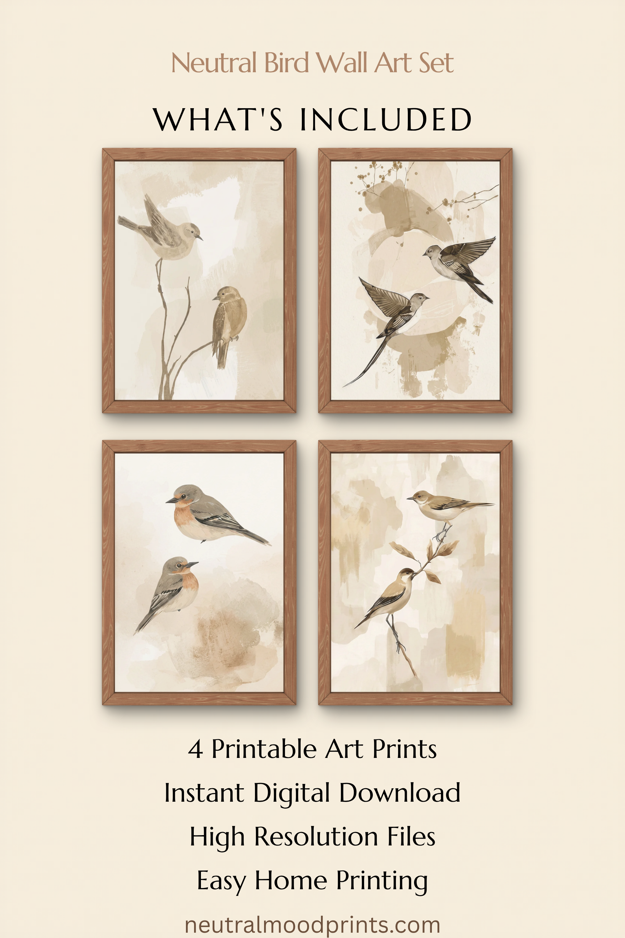 What’s included with this neutral bird wall art set featuring 4 printable art prints and instant digital download files