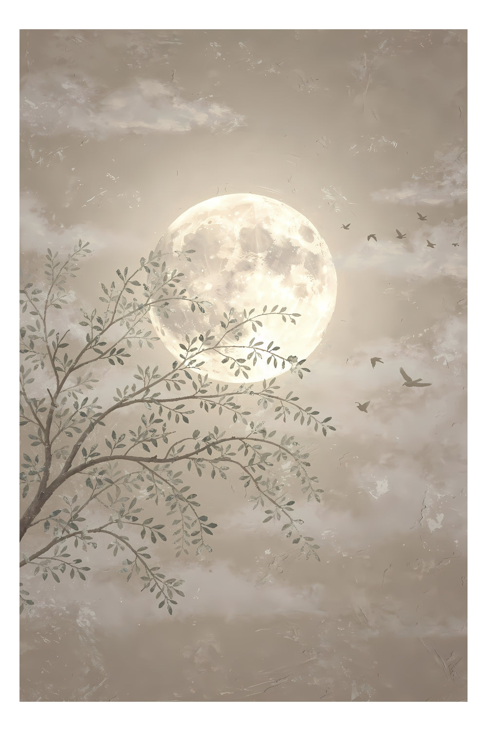 Minimal neutral moon printable wall art with soft branches, birds and calming beige sky