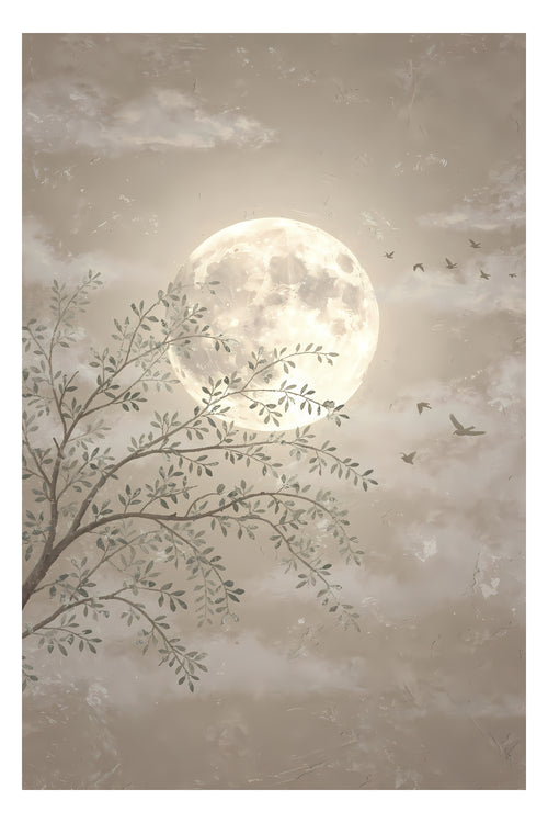 Minimal neutral moon printable wall art with soft branches, birds and calming beige sky