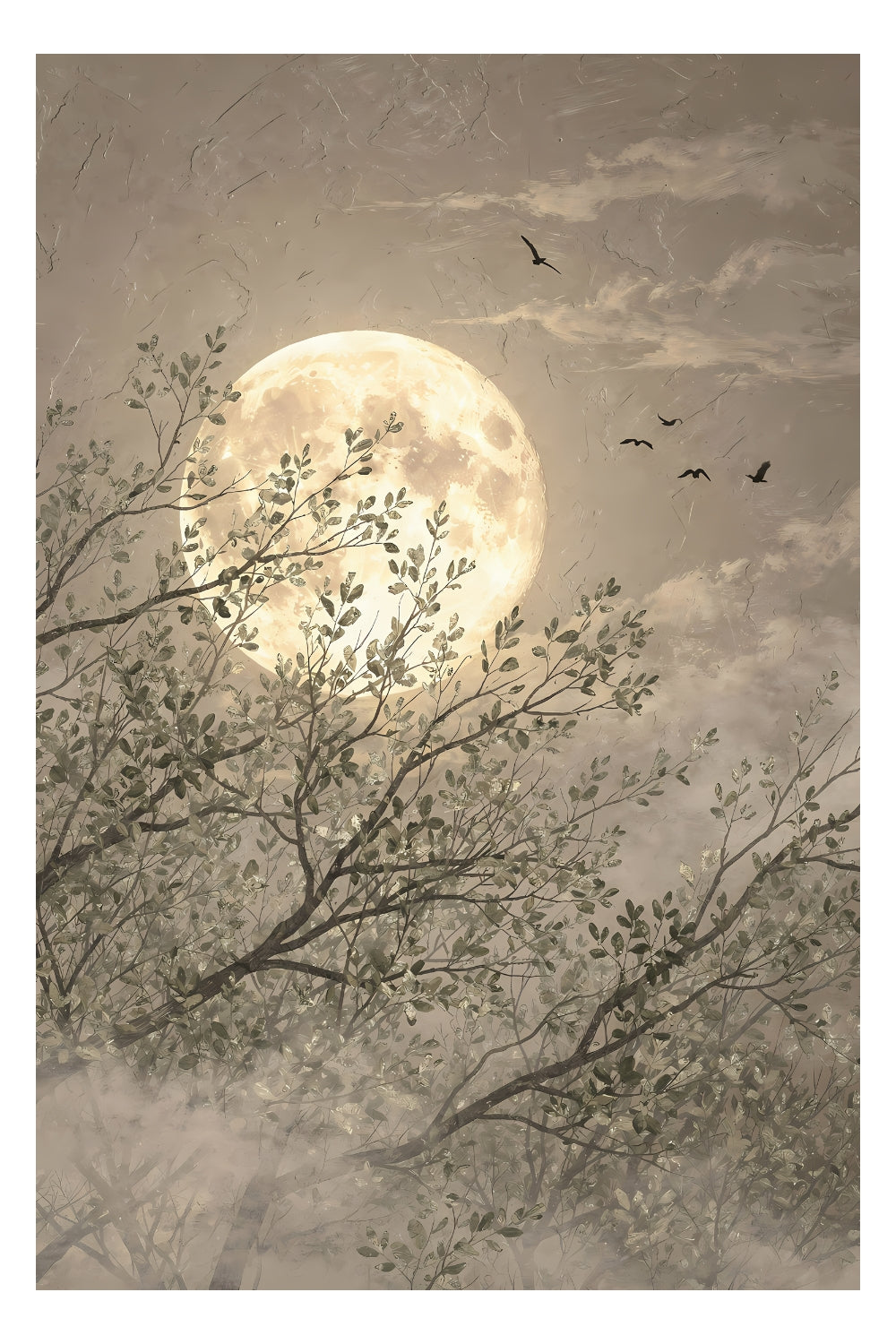 Printable moon wall art with tree branches, birds and soft earthy textures for calm interiors