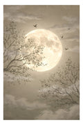 Neutral moon wall art featuring glowing full moon behind delicate tree branches in earthy beige tones