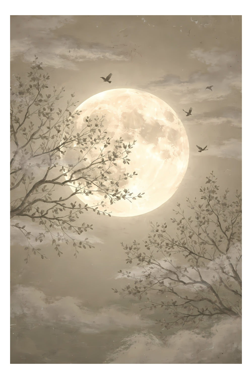 Neutral moon wall art featuring glowing full moon behind delicate tree branches in earthy beige tones