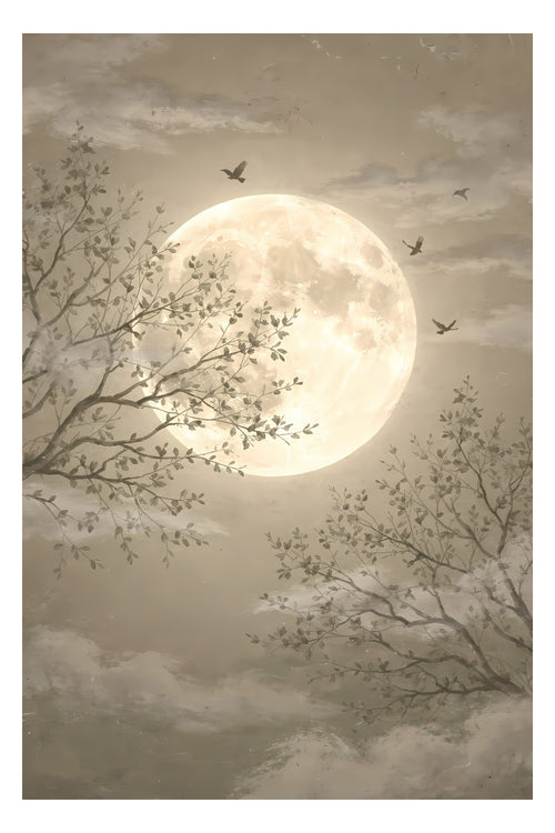 Neutral moon wall art featuring glowing full moon behind delicate tree branches in earthy beige tones