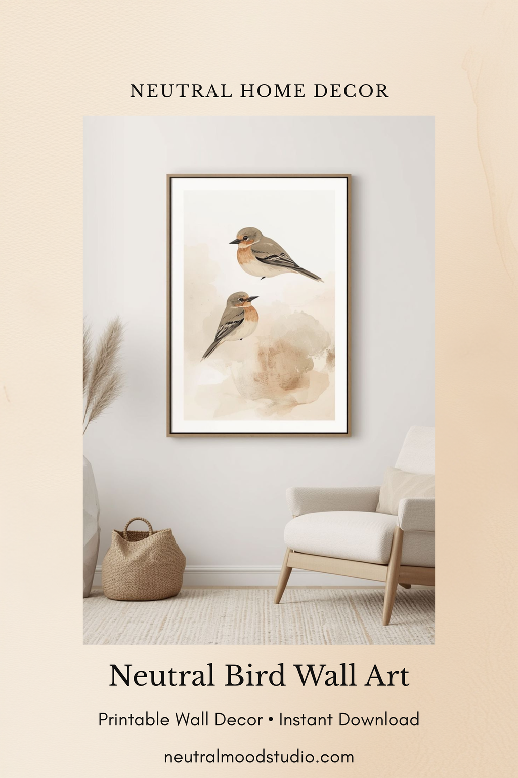 Neutral bird wall art print displayed in a minimalist living room with framed printable decor and soft neutral home styling