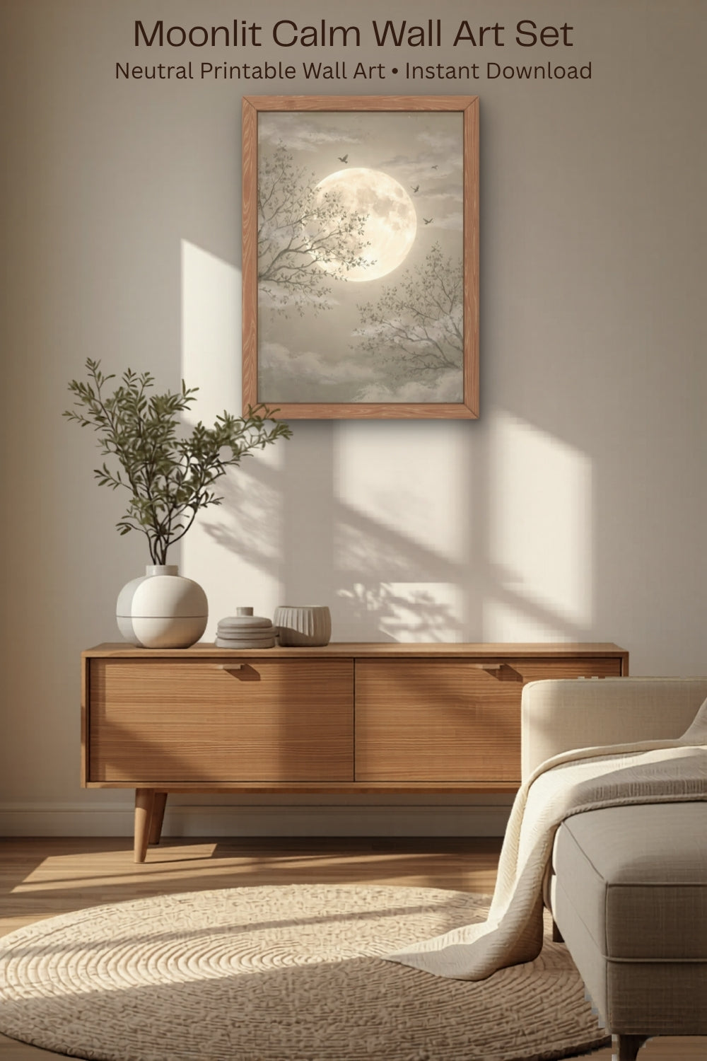 Neutral moon wall art displayed above wooden cabinet in minimalist living room with soft natural lighting and cozy decor