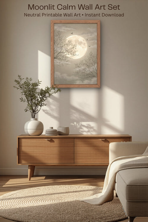Neutral moon wall art displayed above wooden cabinet in minimalist living room with soft natural lighting and cozy decor