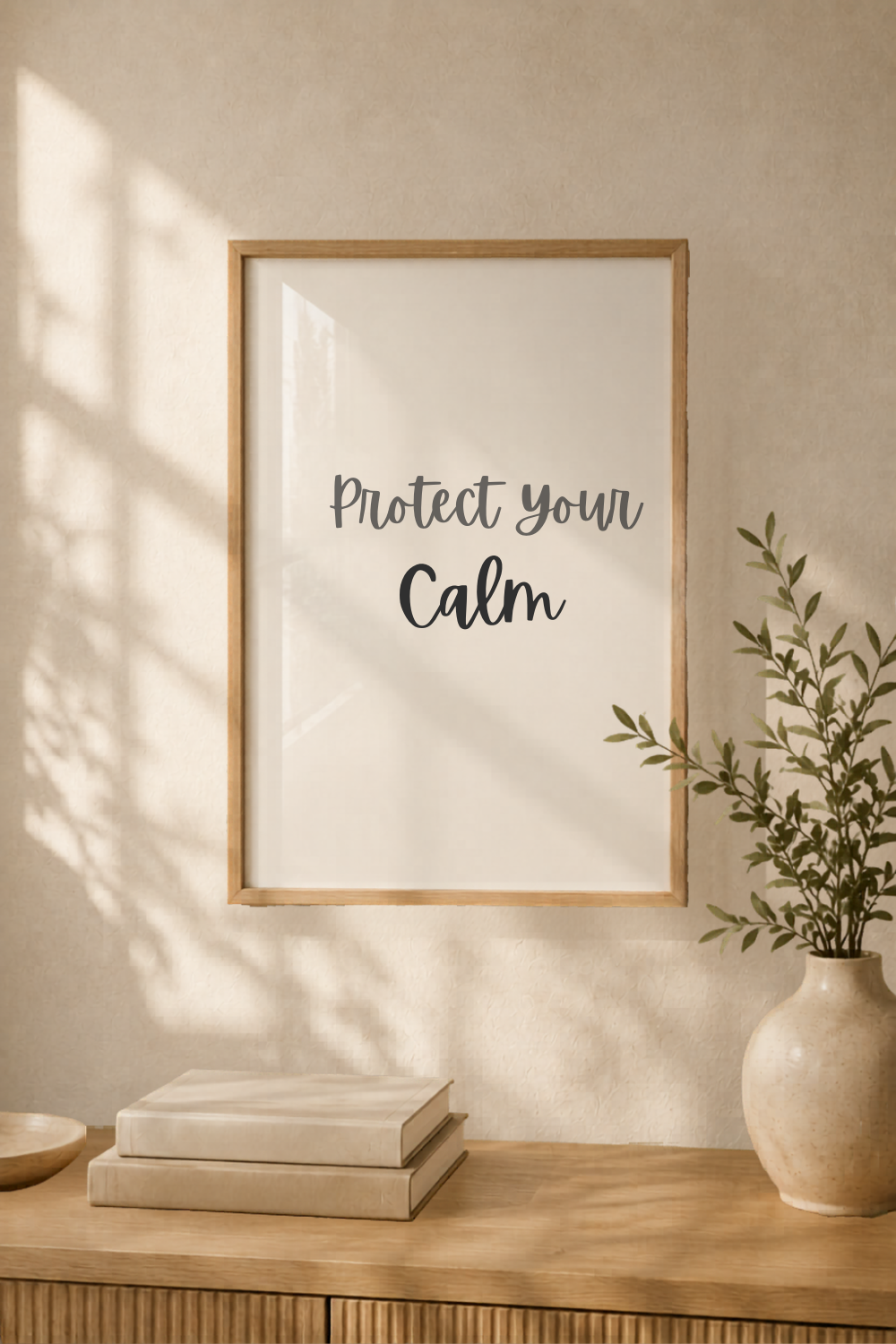 Protect Your Calm minimalist quote print in soft neutral tones — printable wall art for bedroom or reading nook
