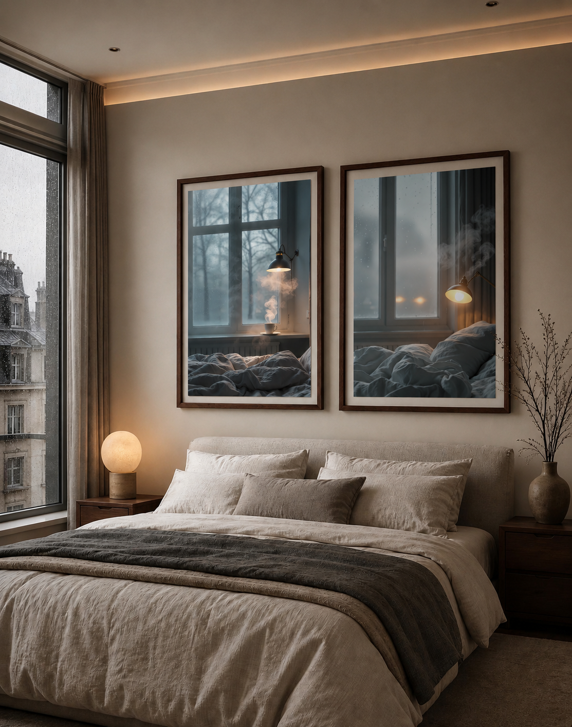 Quiet winter mornings cinematic printable wall art – moody neutral bedroom decor set of 3