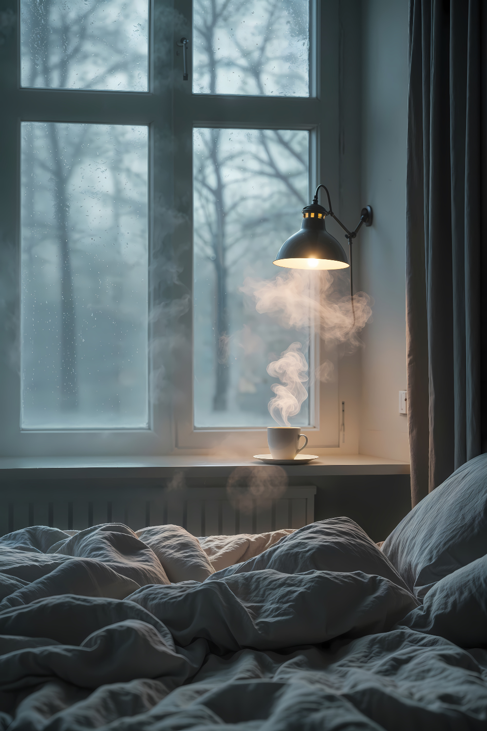 Quiet winter mornings cinematic printable wall art – moody neutral bedroom decor set of 3