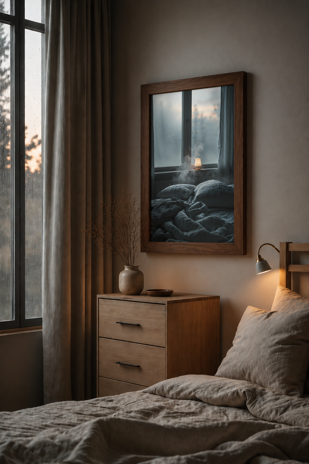 Cinematic neutral printable art – soft winter light minimalist Scandinavian wall decor