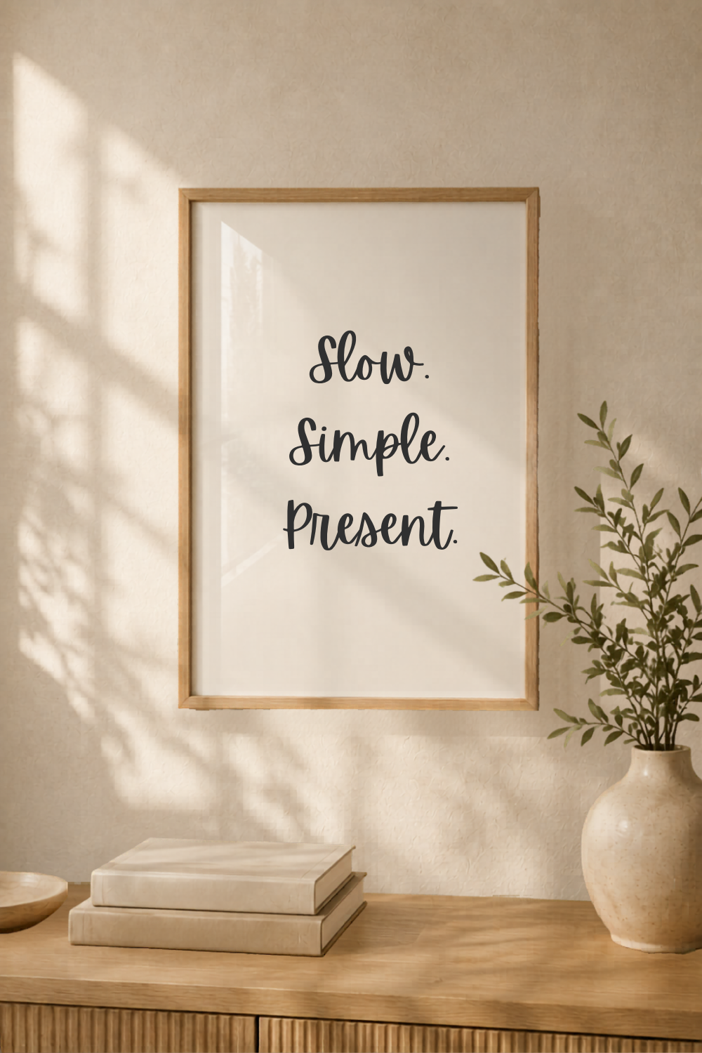 Slow Simple Present minimalist quote poster — neutral printable art for Scandinavian-inspired spaces