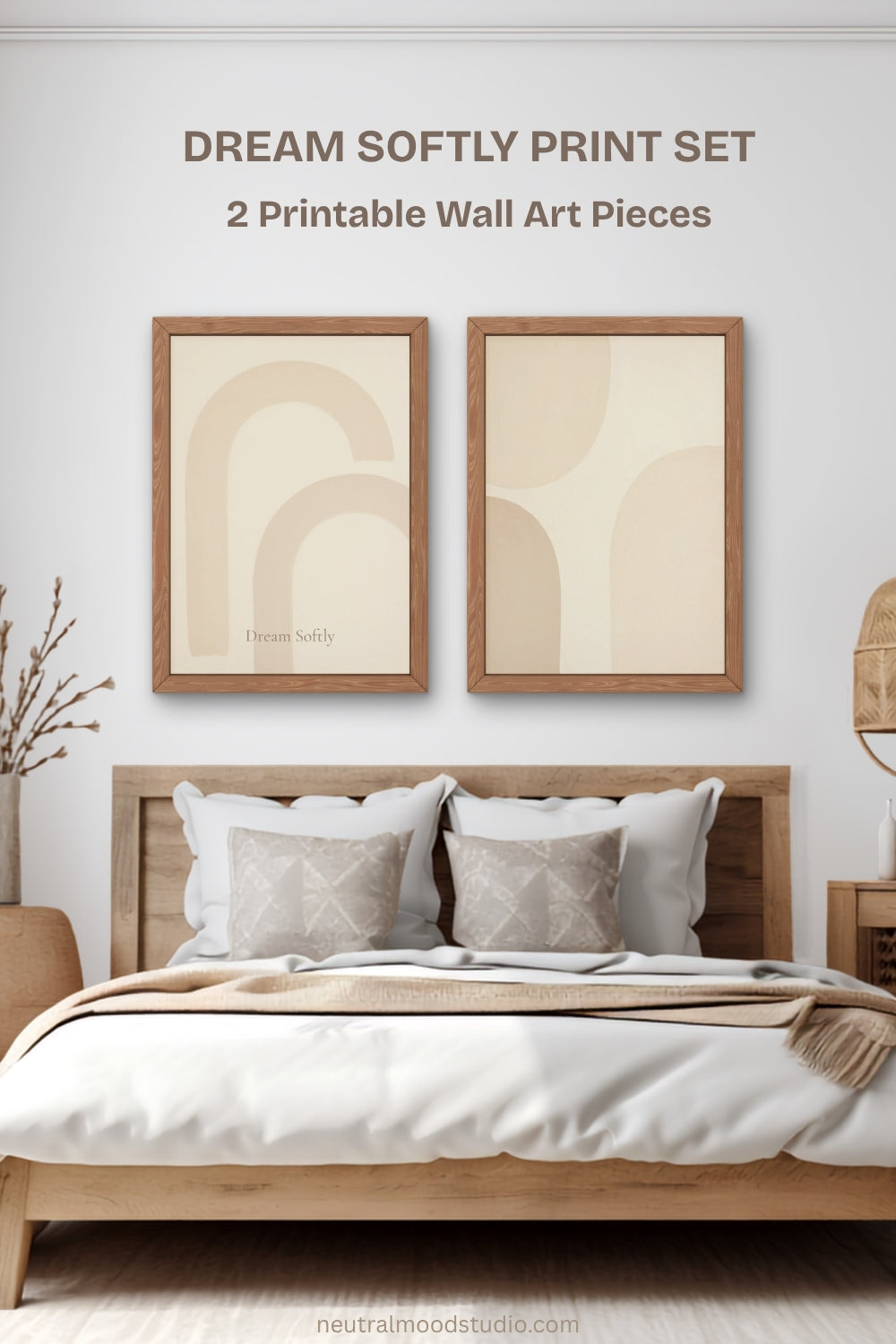 Dream Softly minimalist neutral wall art set displayed above a beige bedroom bed with wooden frames