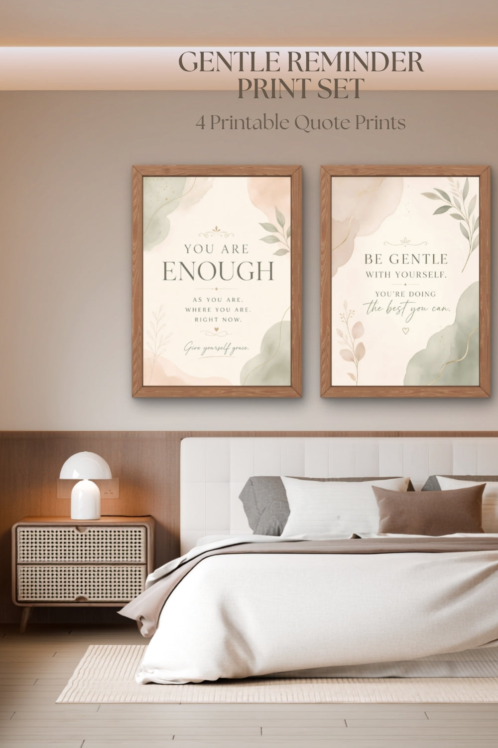 Neutral bedroom wall art mockup featuring framed printable quote prints with soft beige watercolor designs and minimalist decor styling.