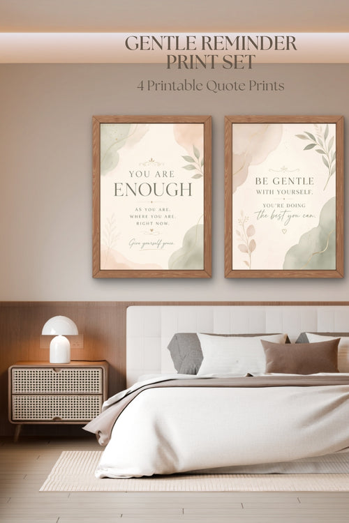Neutral bedroom wall art mockup featuring framed printable quote prints with soft beige watercolor designs and minimalist decor styling.