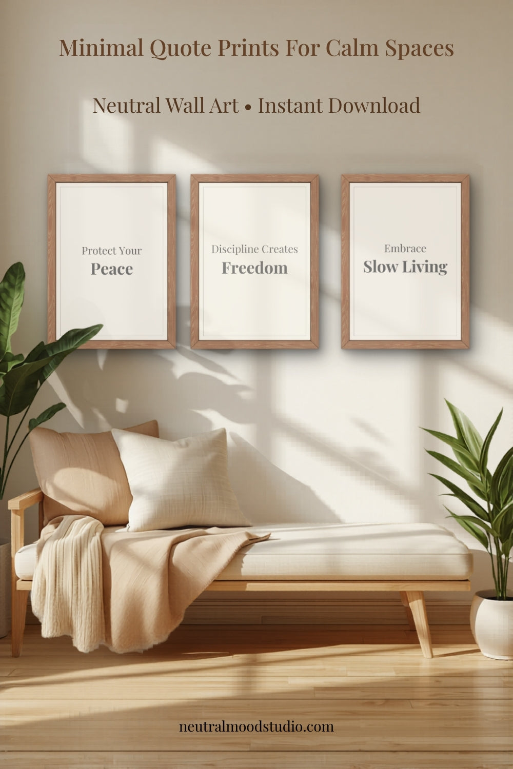Neutral motivational wall art set featuring calming quote prints for modern minimalist interiors