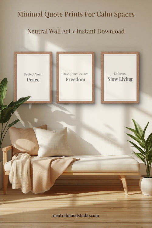 Neutral motivational wall art set featuring calming quote prints for modern minimalist interiors