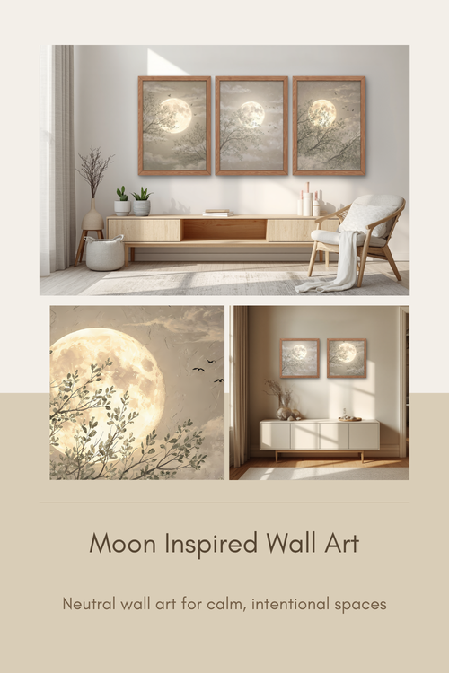 Neutral moon wall art set featuring printable moon prints styled in minimalist interiors