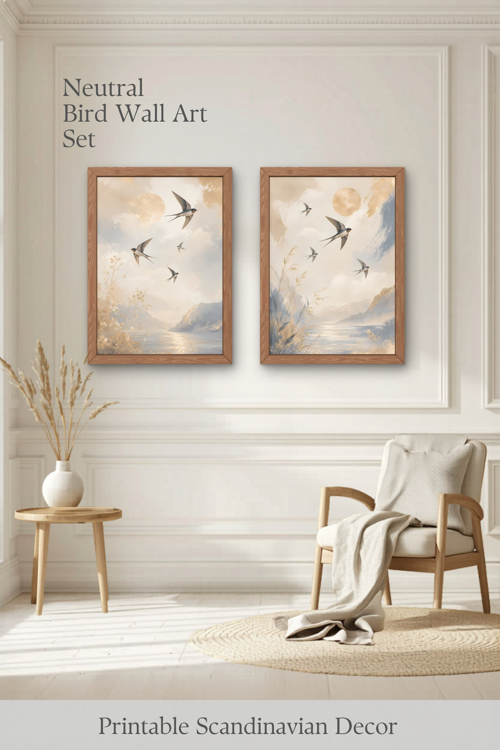 Pinterest pin showing a neutral bird wall art set displayed in a calm minimalist room with framed swallow artwork and Scandinavian inspired decor