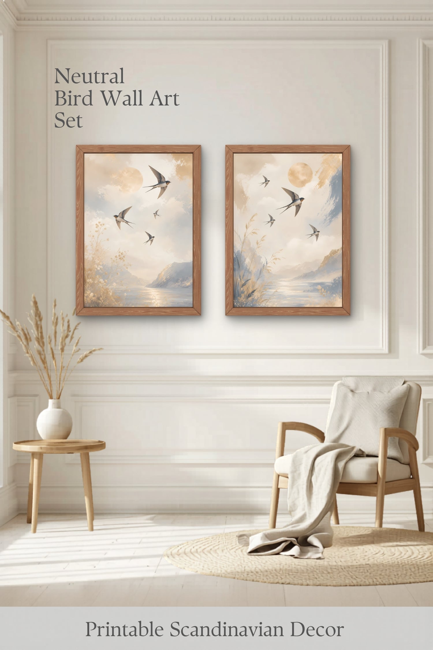 Pinterest pin showing a neutral bird wall art set displayed in a calm minimalist room with framed swallow artwork and Scandinavian inspired decor