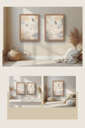 Set of 2 neutral bird wall art prints displayed in a warm minimalist living room with wooden frames