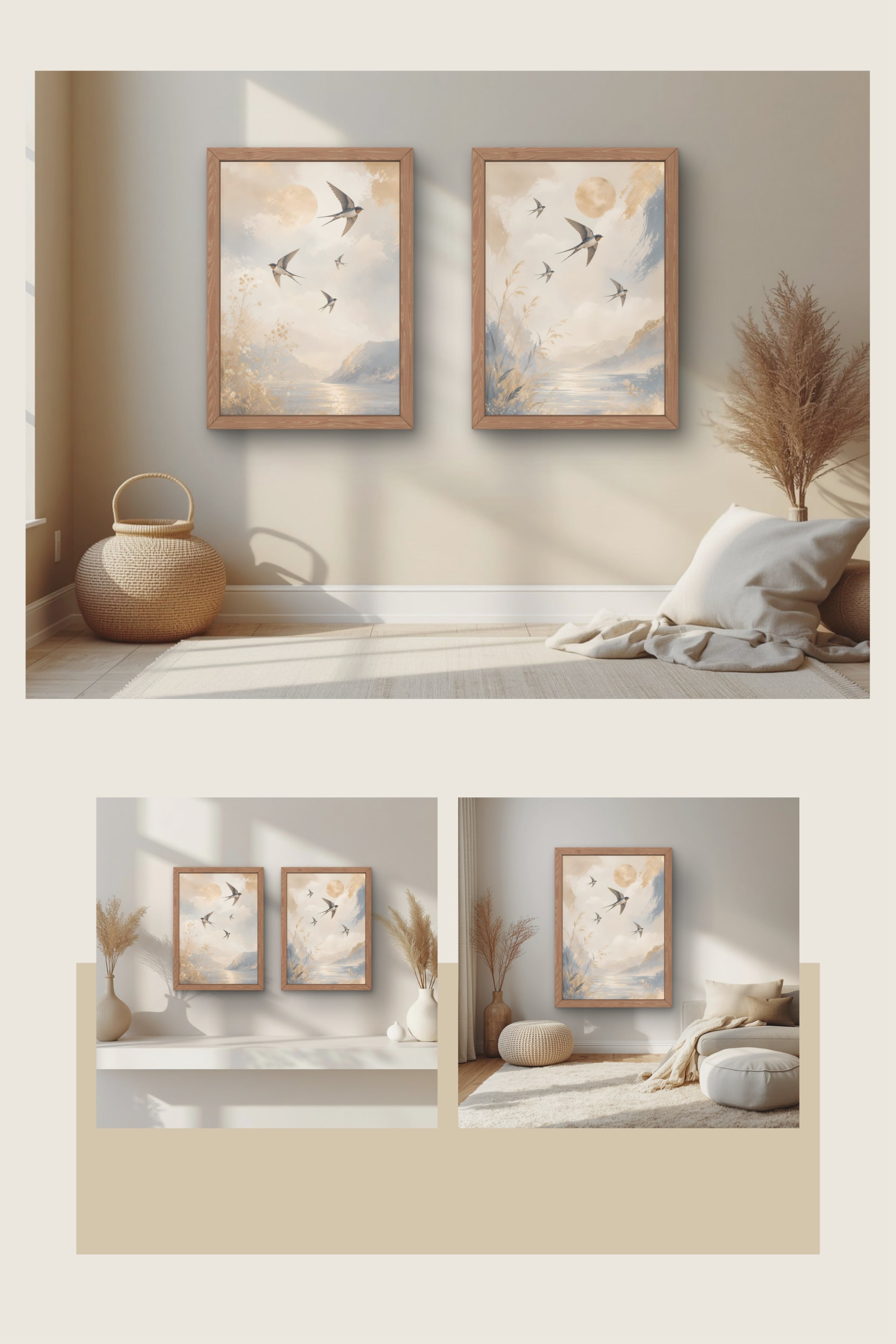 Set of 2 neutral bird wall art prints displayed in a warm minimalist living room with wooden frames