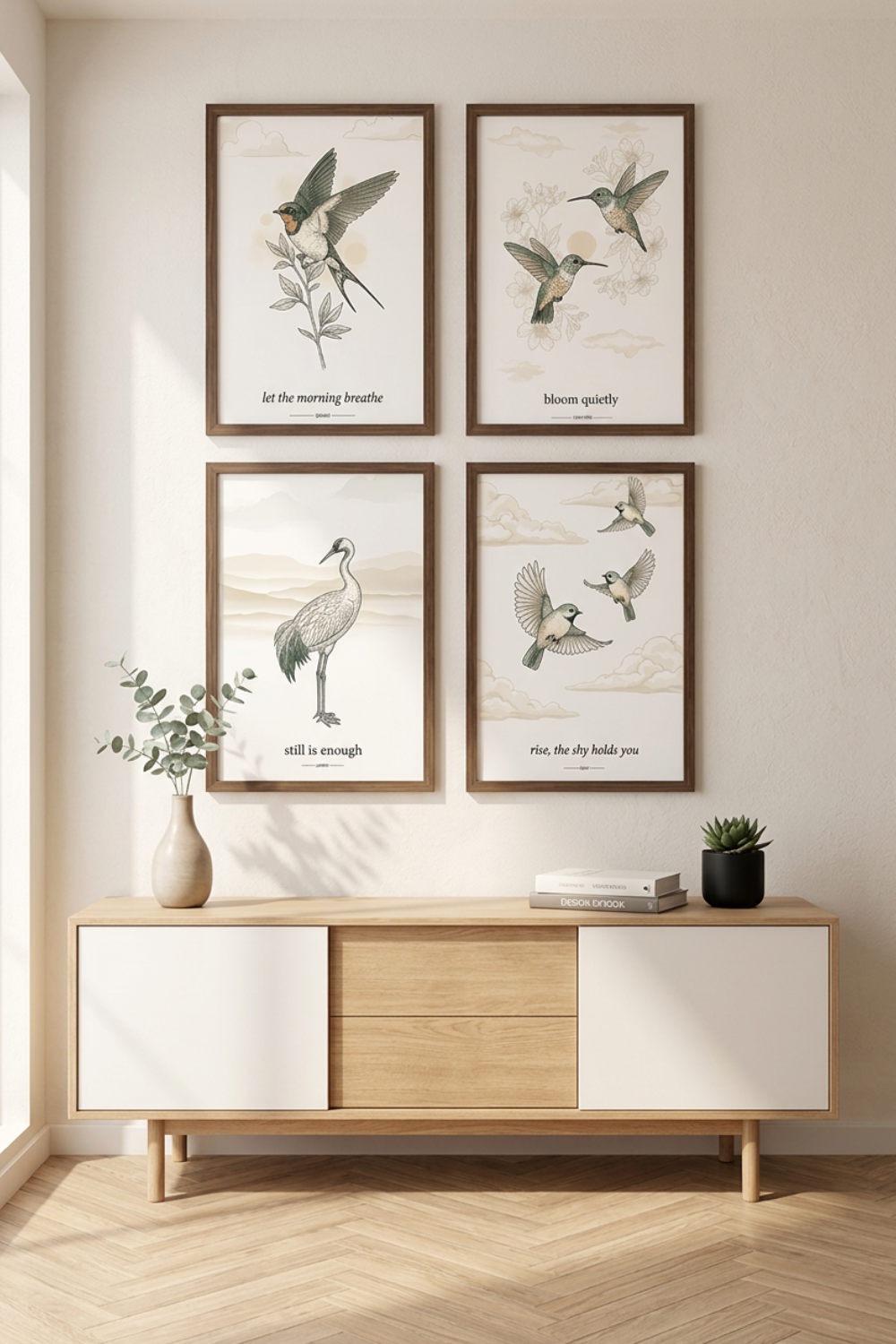 Set of 4 neutral bird wall art prints displayed in black frames in a minimalist Scandinavian interior