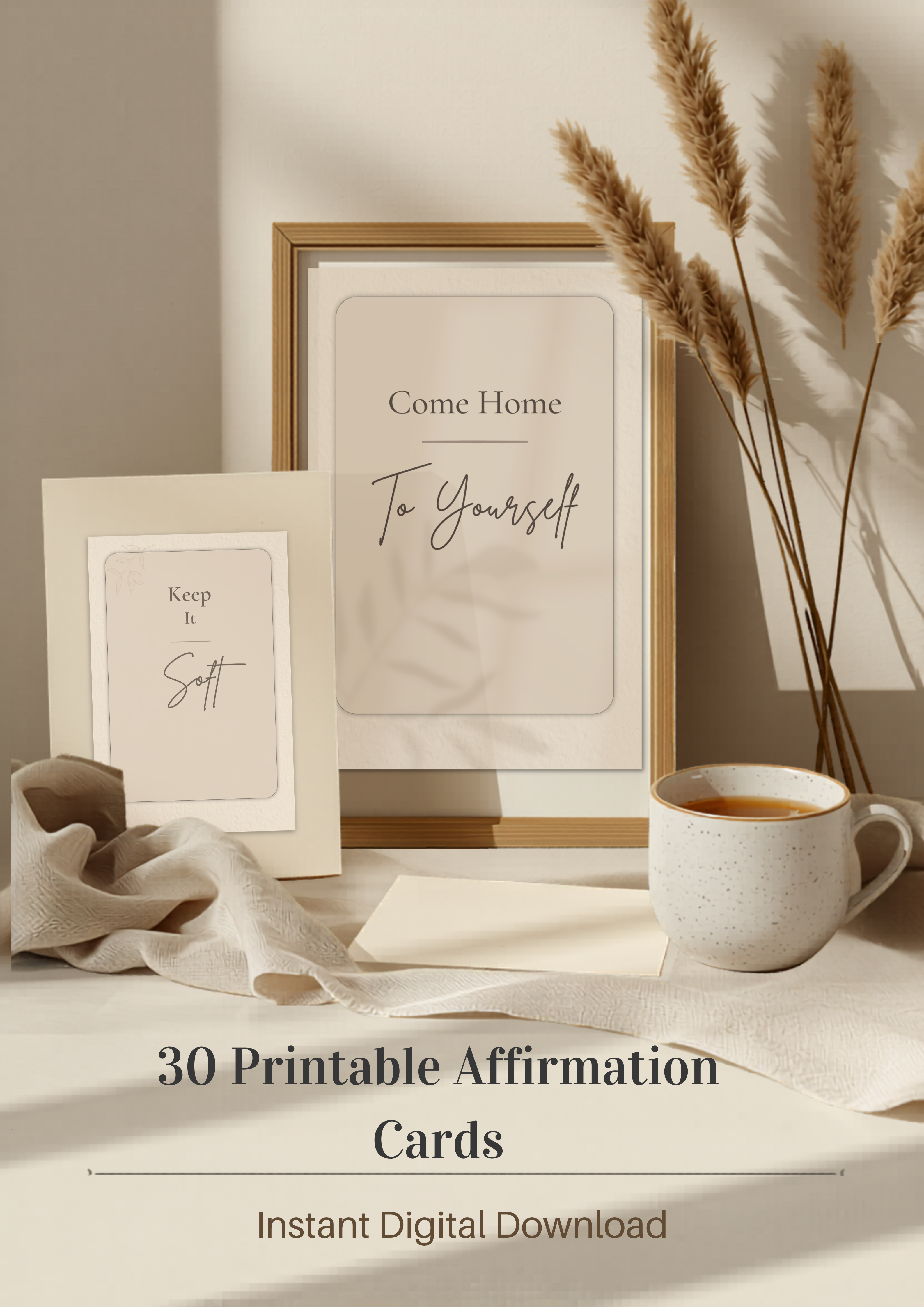 Printable affirmation cards set of 30 featuring neutral self care designs for instant digital download