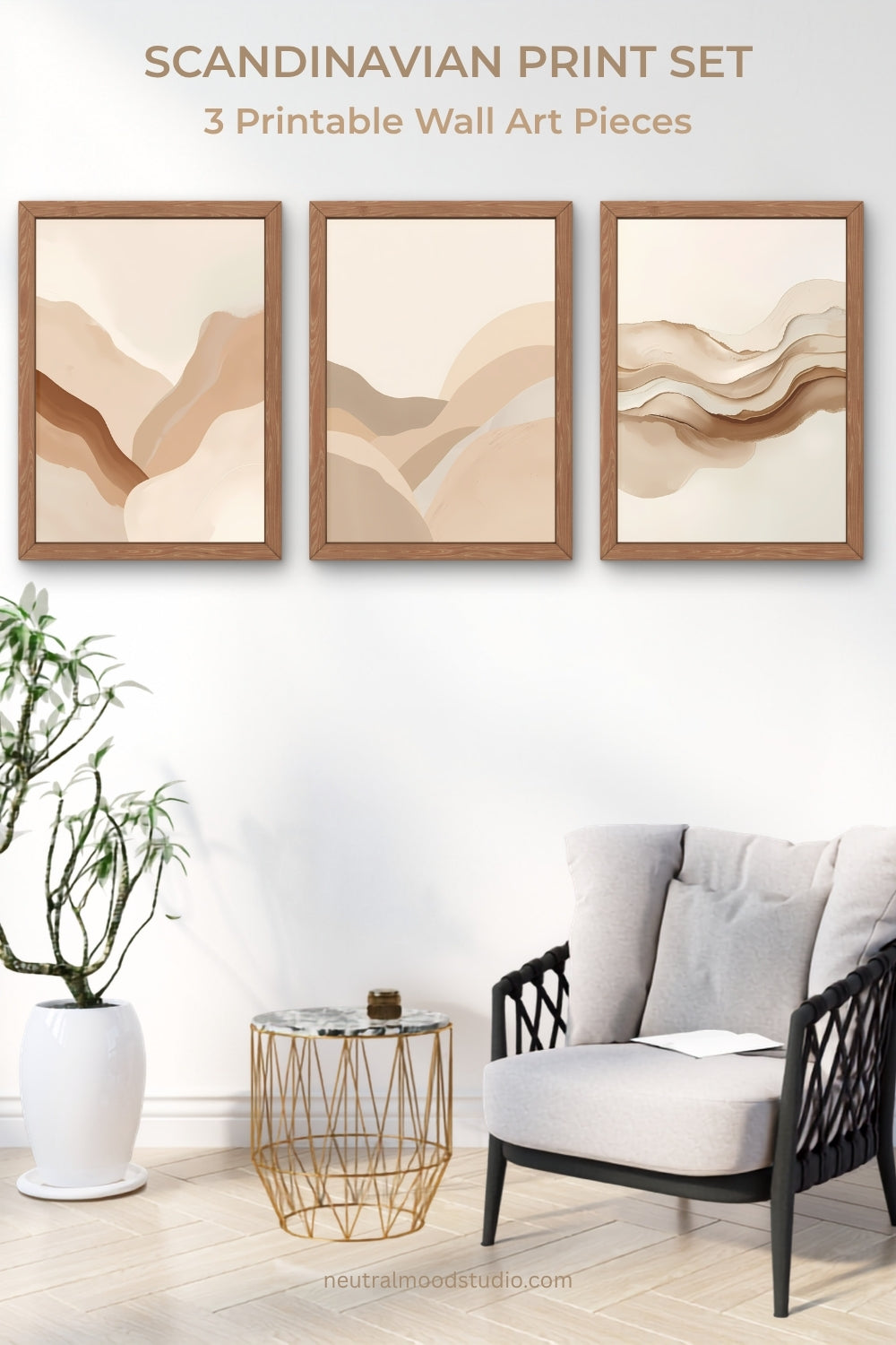 Scandinavian printable wall art set of 3 featuring neutral abstract prints displayed in wooden frames in a modern minimalist interior
