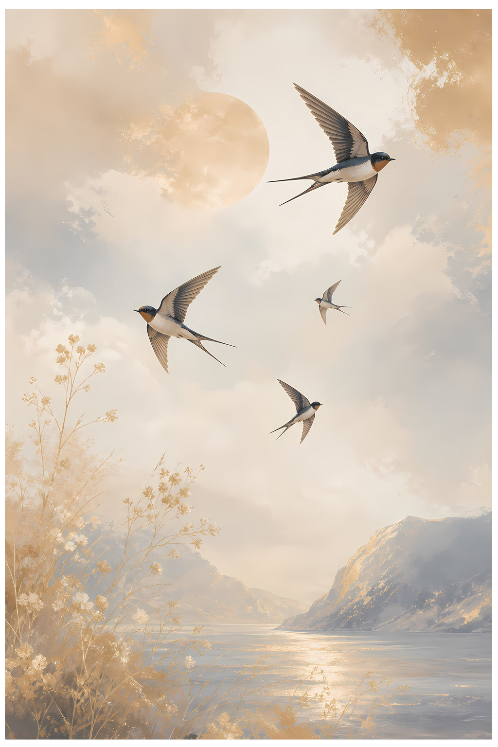 Neutral bird wall art print featuring flying swallows above a calm landscape in beige and soft blue tones