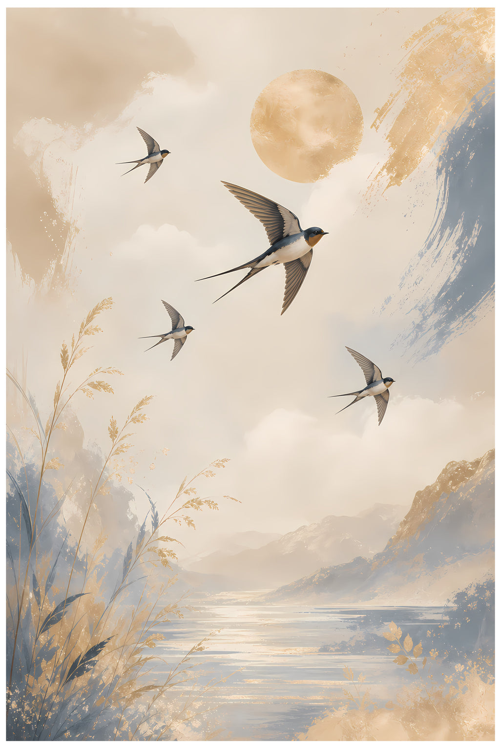 Scandinavian inspired bird wall art print with swallows flying through soft skies in neutral colors