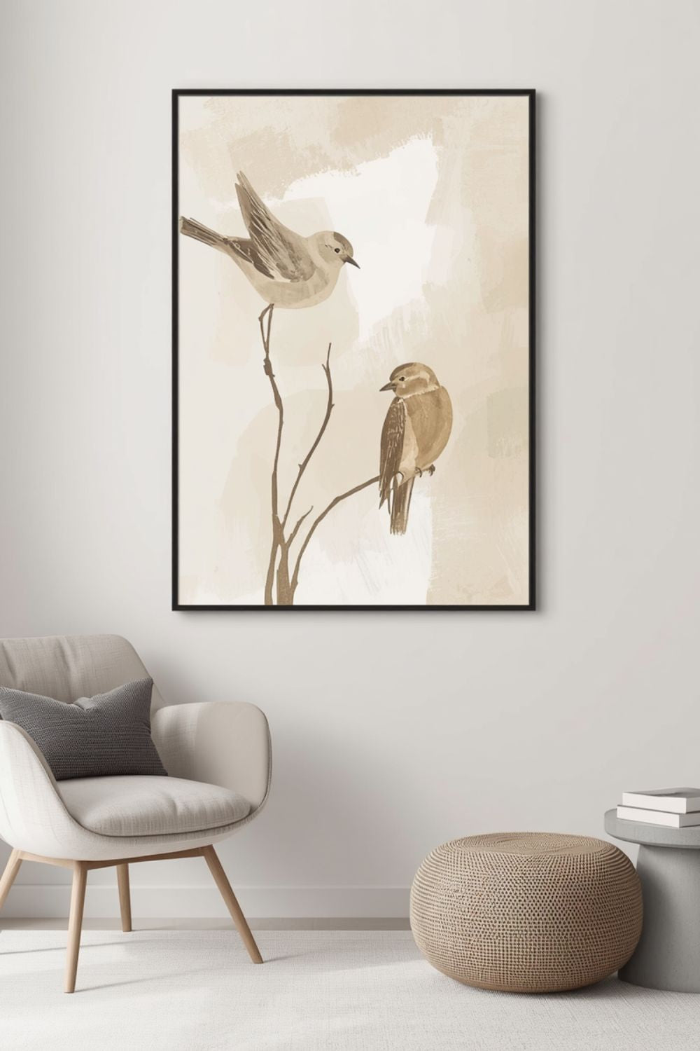 Framed neutral bird wall art print displayed in a minimalist Scandinavian style living room