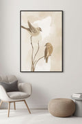 Framed neutral bird wall art print displayed in a minimalist Scandinavian style living room