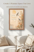 Warm neutral bird typography wall art print displayed above a cozy sofa in a Scandinavian inspired living room with soft beige decor